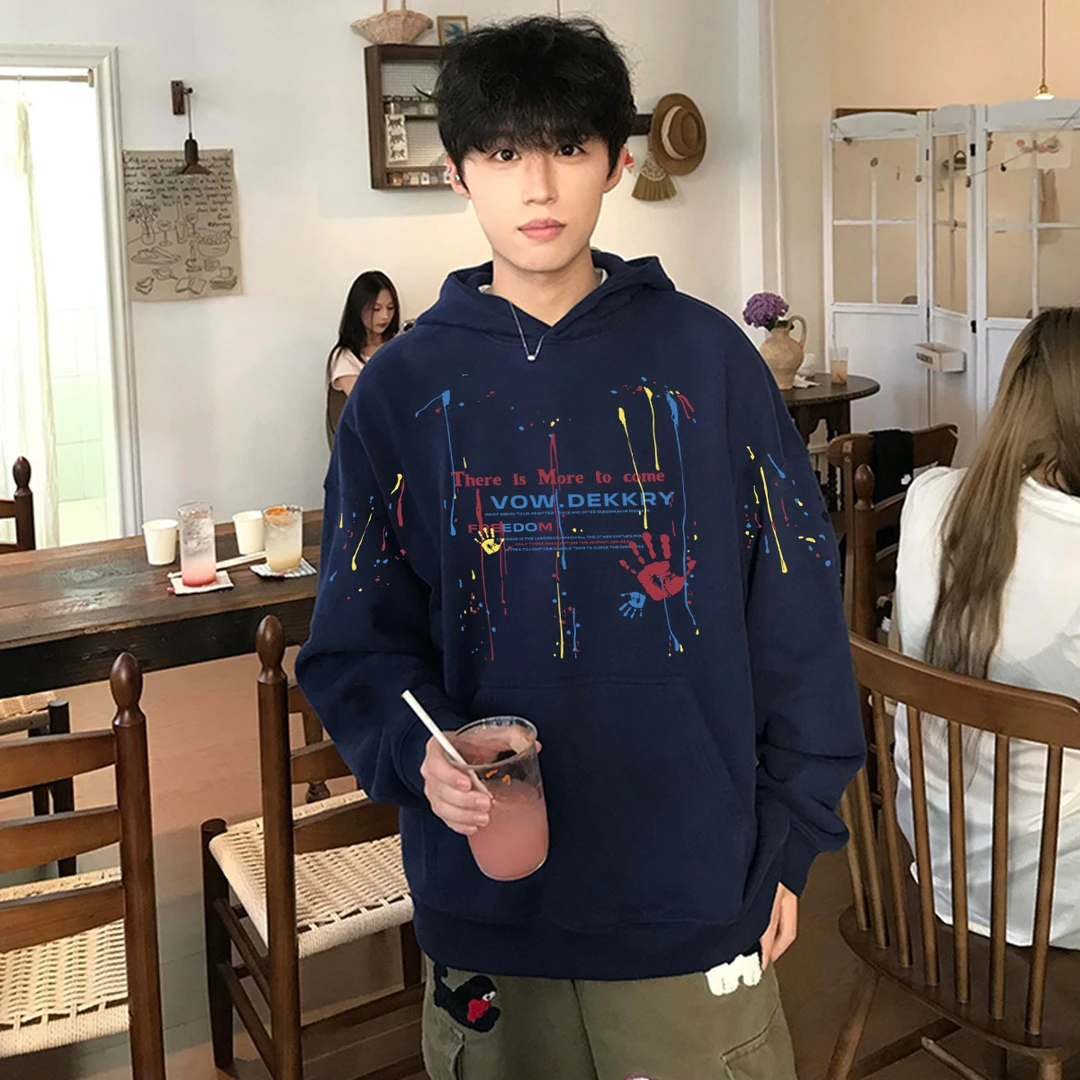 美式设计感颜料涂鸦印花连帽卫衣男秋冬潮牌百搭宽松情侣上衣外套