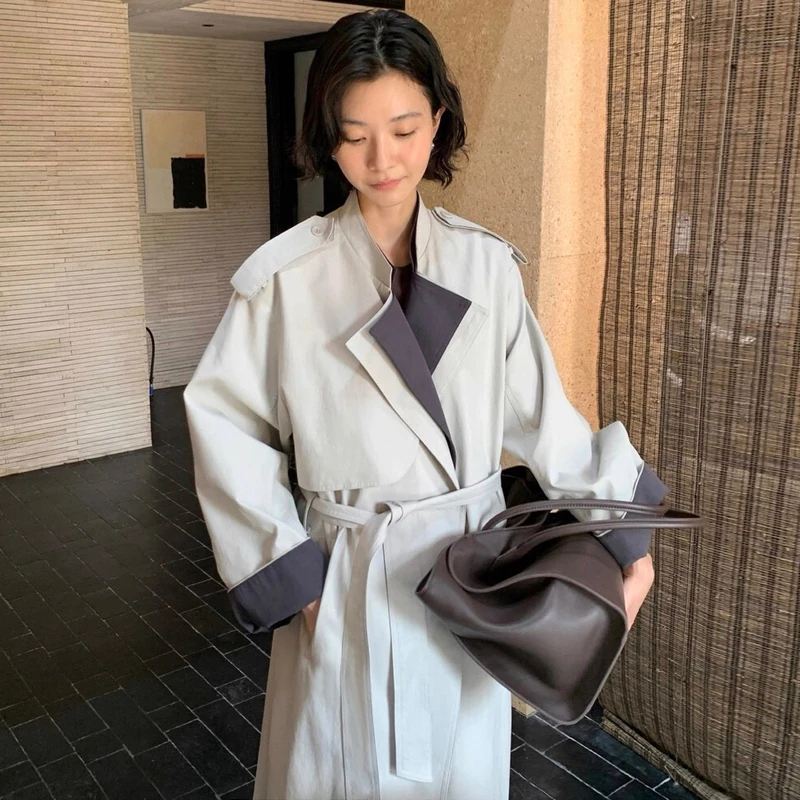 【25089】撞色立领中长款外套系带收腰风衣外套女