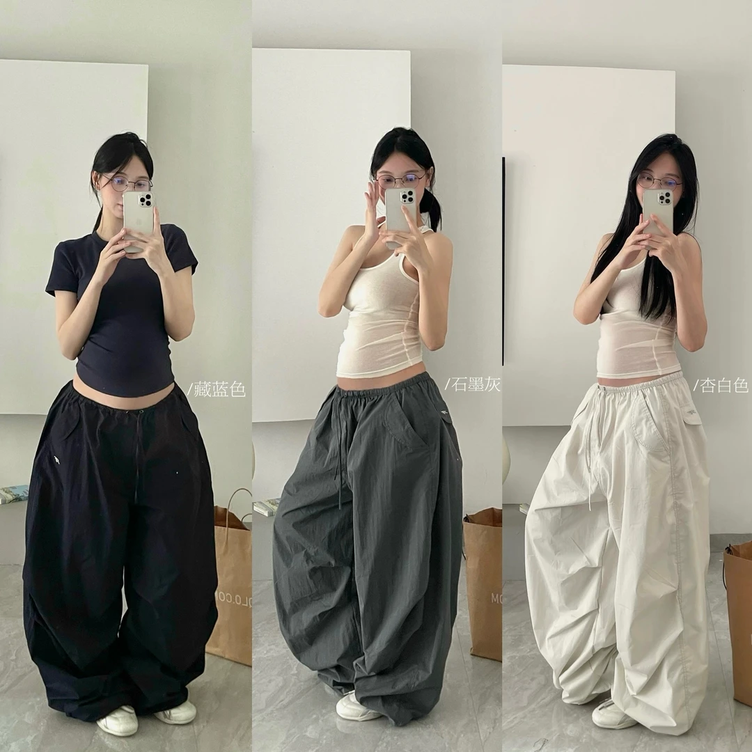 美式慵懒风垂感降落伞皱褶工装裤女宽松显瘦抽绳束脚爵士舞阔腿裤