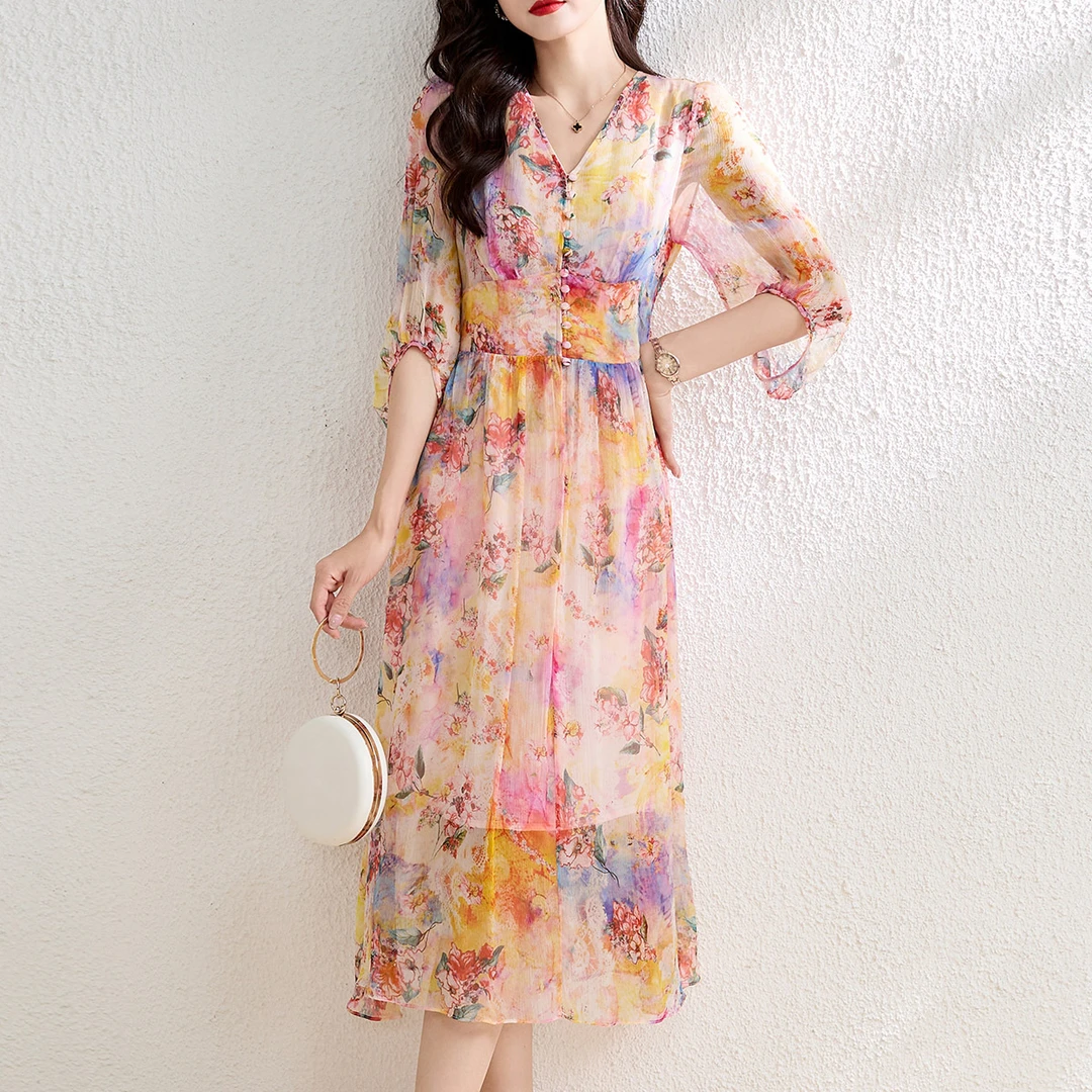 海边氛围感连衣裙印花桑蚕丝裙子女茶歇法式中长款真丝裙