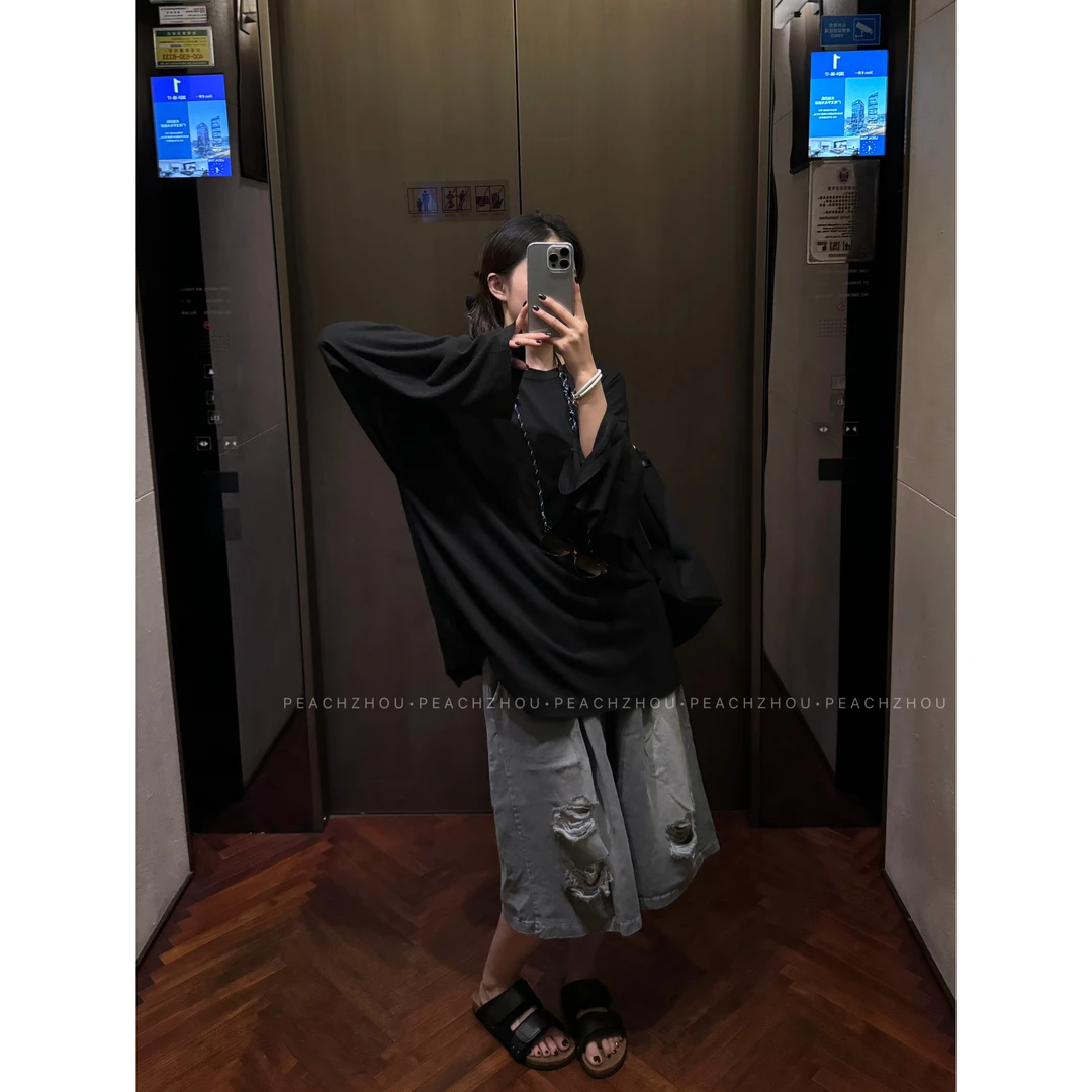 『PEACHZHOU』破洞水洗磨白直筒牛仔短裤美式复古休闲中性五分裤