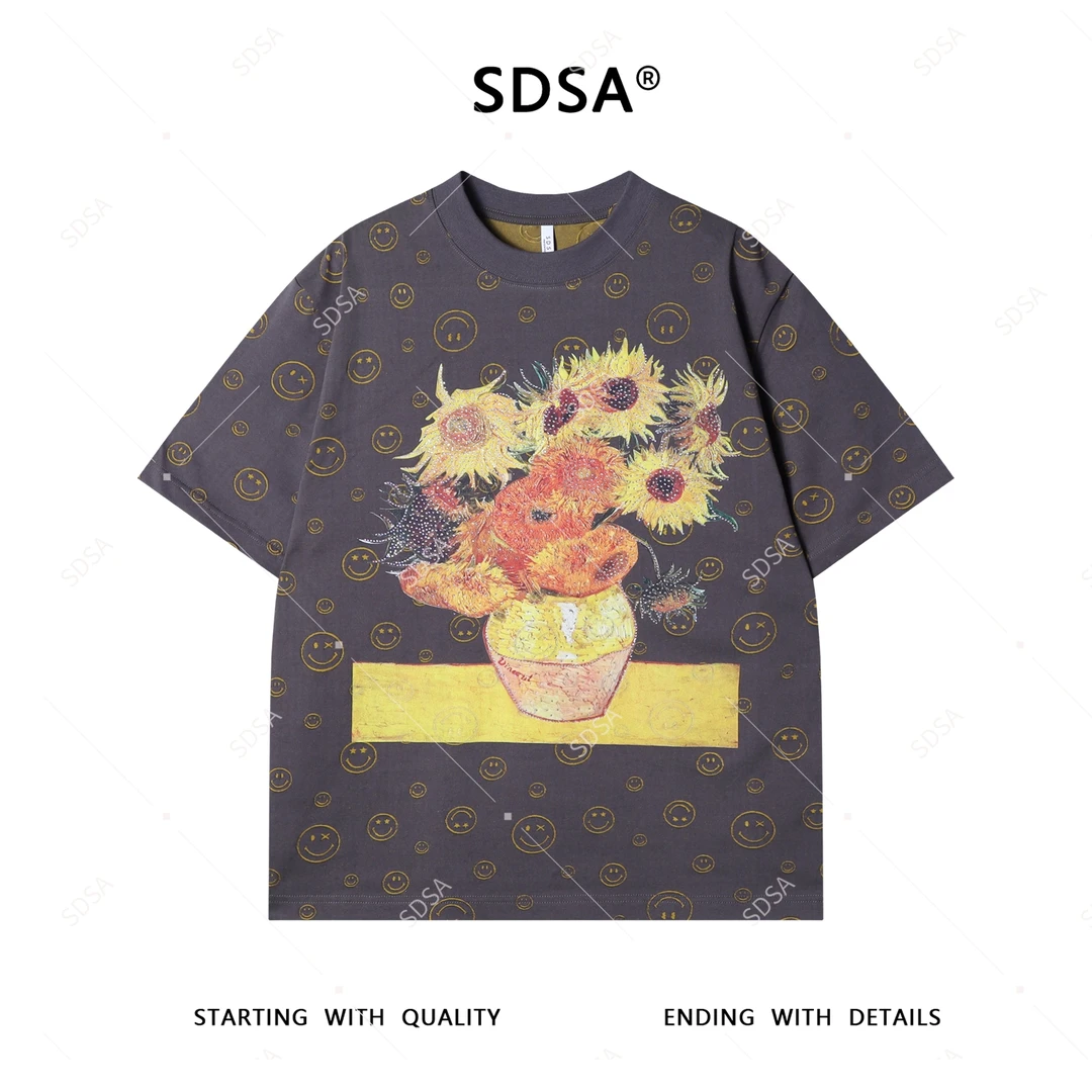 SDSA夏季新款男士痞帅向日葵印花烫钻圆领短袖t恤割破笑脸设计潮