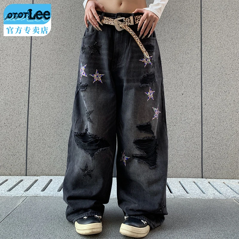 OTOT LEE绣花烫钻直筒长裤男破洞宽松牛仔裤印花阔腿时尚休闲潮裤
