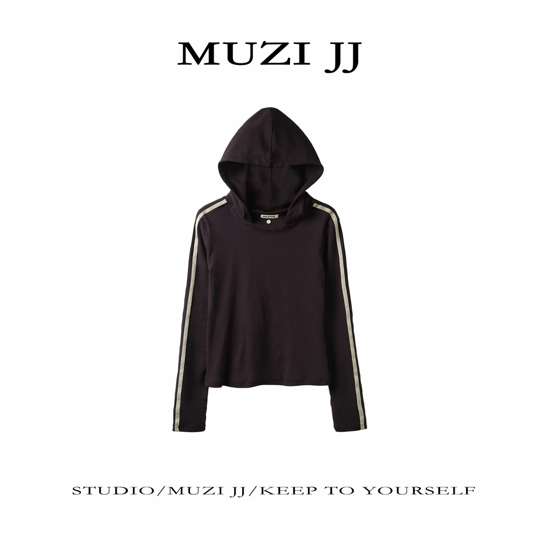 MUZI-72095#美式休闲运动撞色侧条连帽修身套头卫衣
