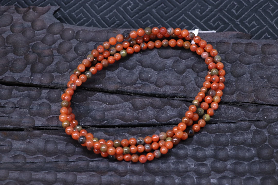 原矿无优化南红大山包黄绿皮包浆多圈4mm左右珠串有矿坑裂