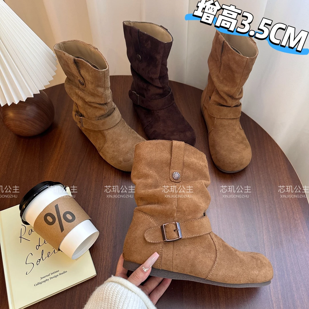 慵懒风短靴女2025新款秋款复古内增高平底休闲时尚堆堆靴马丁靴