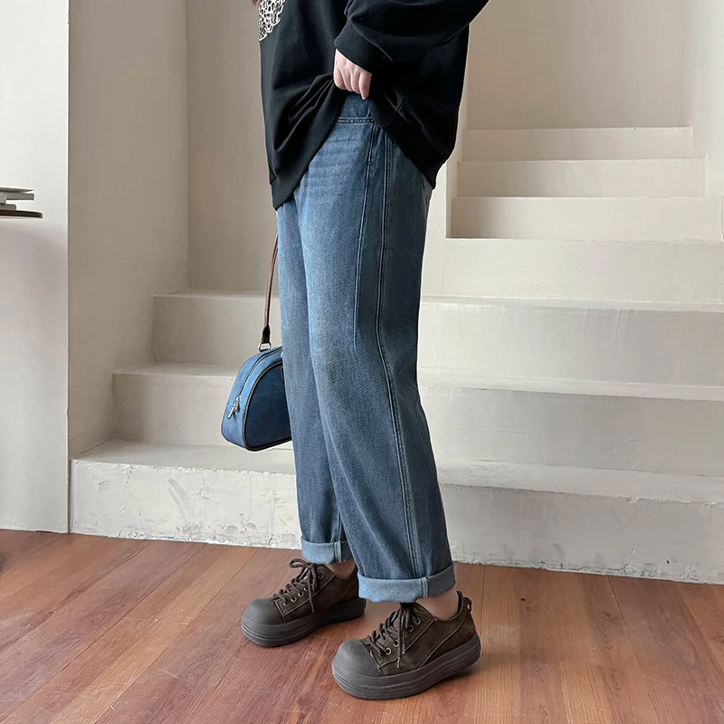 K9849大码女装【潇洒牛仔裤】复古休闲高腰侧分割早春直筒休闲裤子