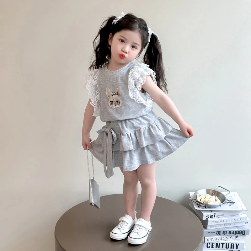 女童套装夏季2025新款儿童洋气时髦蕾丝飞袖上衣女宝宝夏装两件套