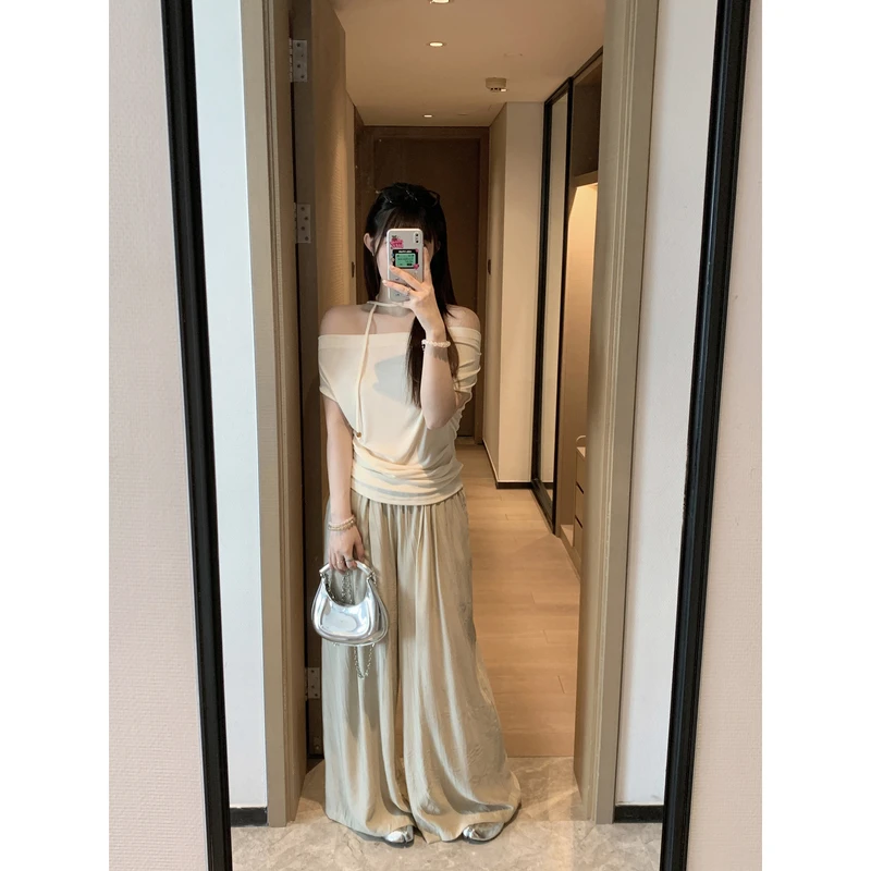 小沈美眉 微露香肩 送绑带荡领无袖T恤春夏宽松显瘦针织上衣女