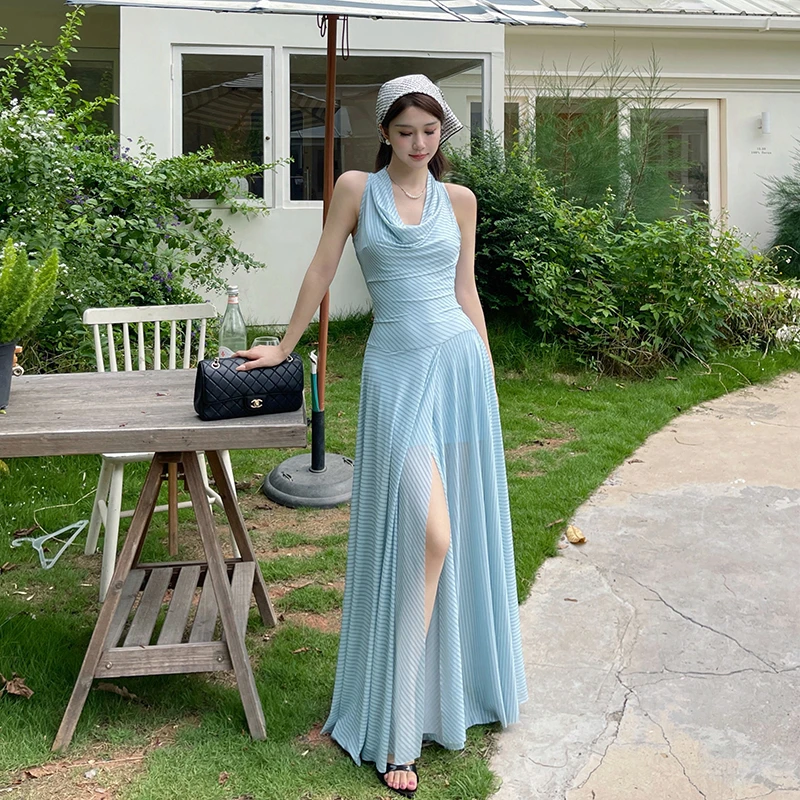 条纹两穿式兜领网纱2025夏季新款开叉透视长裙女极简法式连衣裙