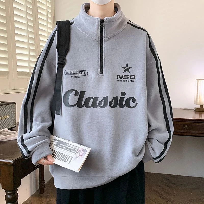 奥粒绒卫衣男秋冬新款加绒加厚半高领青少年韩版宽松潮流保暖上衣