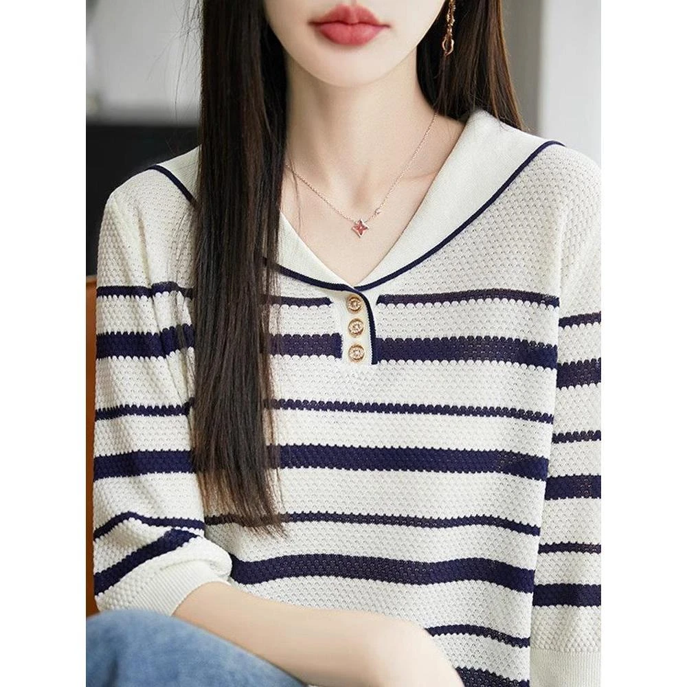 新款条纹短袖上衣翻领减龄显瘦薄款冰丝针织衫五分袖t恤上衣2056