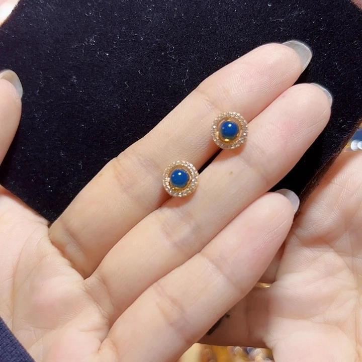 蓝珀银S925镶嵌珠宝奇石多米尼加蓝珀耳钉