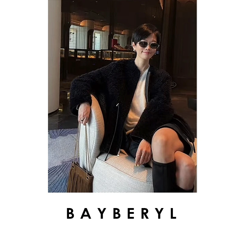 CC10-BAYBERYL老贝穆尼*抽绳圆领藏青25秋冬一体皮衣PY5I1342