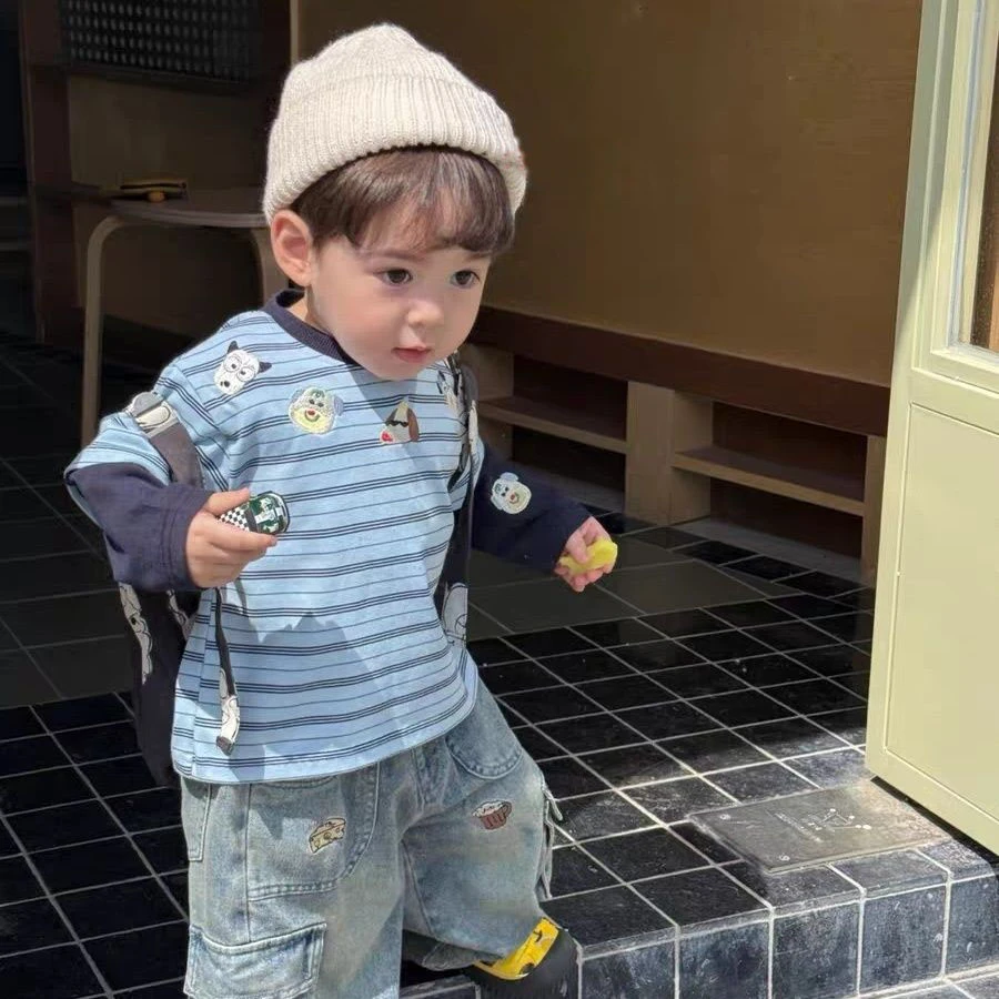 男童套装2025秋季新款中小童帅假二件条纹上衣宝宝刺绣牛仔裤外穿