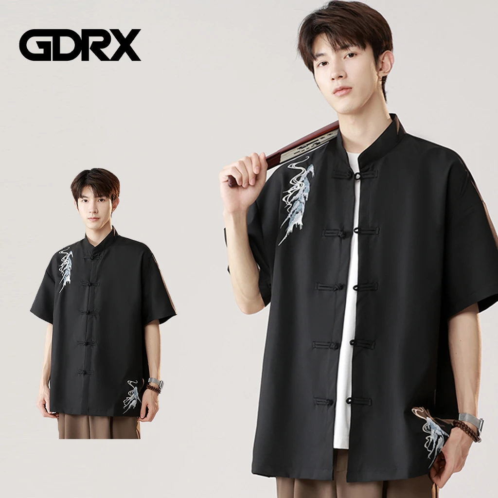 GDRX中国风刺绣男士短袖衬衫2025夏季新款新中式宽松休闲复古衬衣