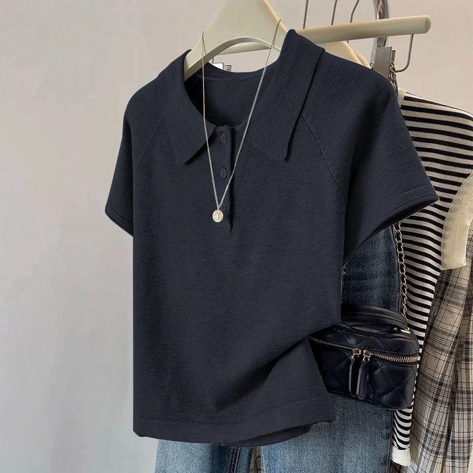 冰丝上衣【80-180斤】时尚Polo领针织衫夏季宽松遮肉薄款短袖T恤女