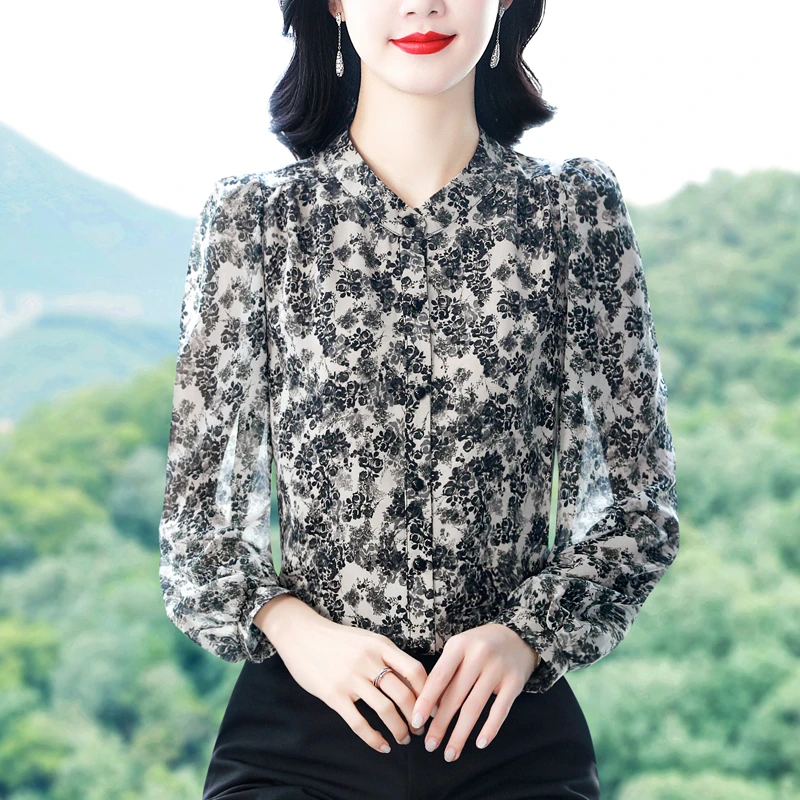 春季雪纺设计感长袖衬衫2025新品碎花气质妈妈宽松时尚小衫潮457