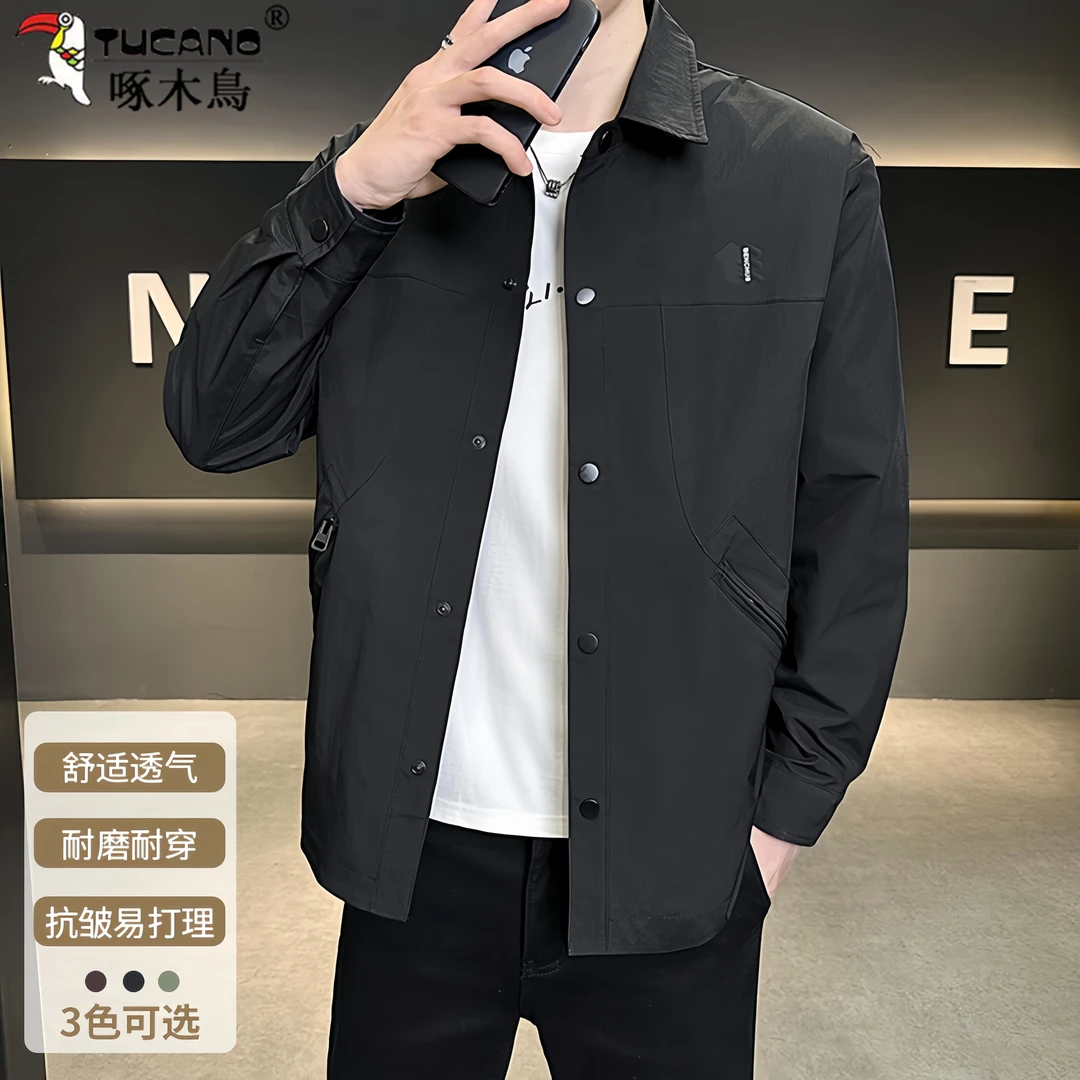 啄木鳥2025春秋季男士休闲夹克翻领时尚百搭青年工装纯色外套上衣