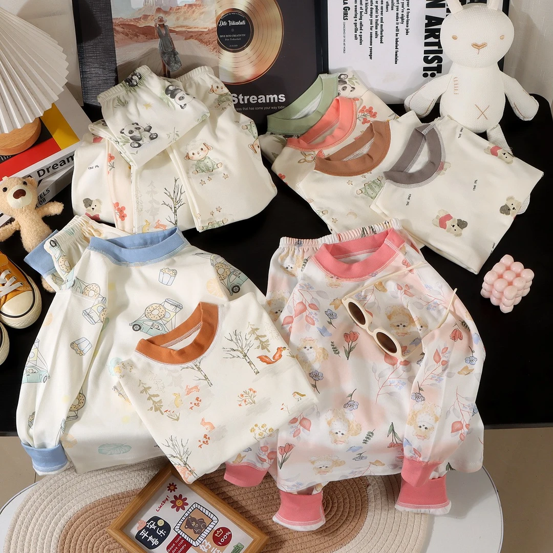 儿童春秋100%无骨纯棉内衣套装男童女童打底睡衣中大童裤子家居服