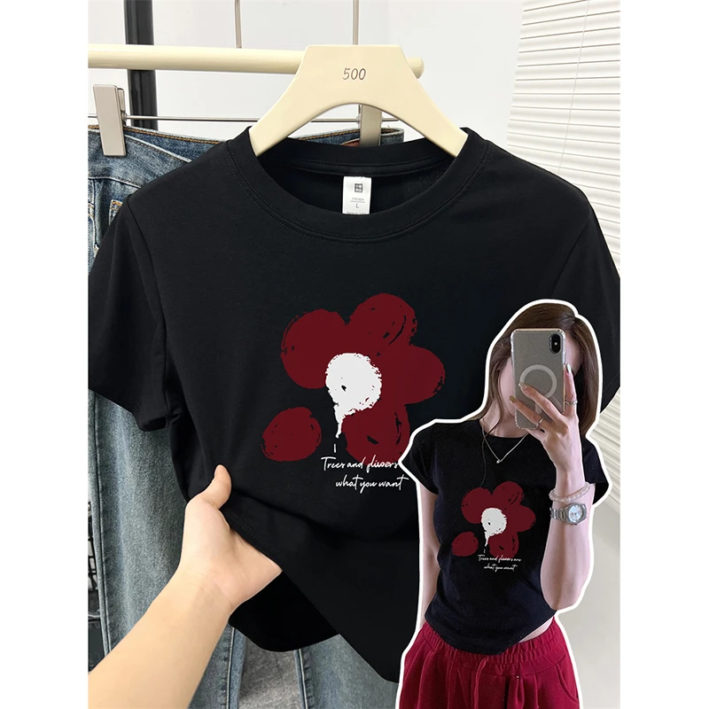 【运补】复古显瘦黑色短袖t恤女小众花朵洋气弹力修身内搭正肩上衣