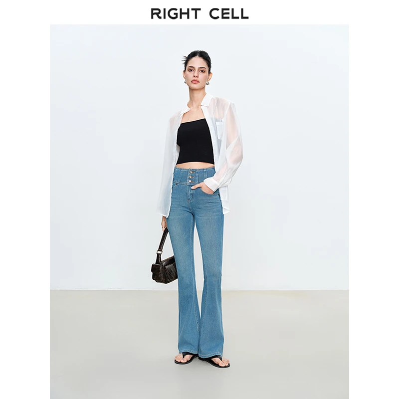 Rightcell 三粒扣微喇牛仔裤女显瘦春夏2025新款奶油蓝高腰长裤