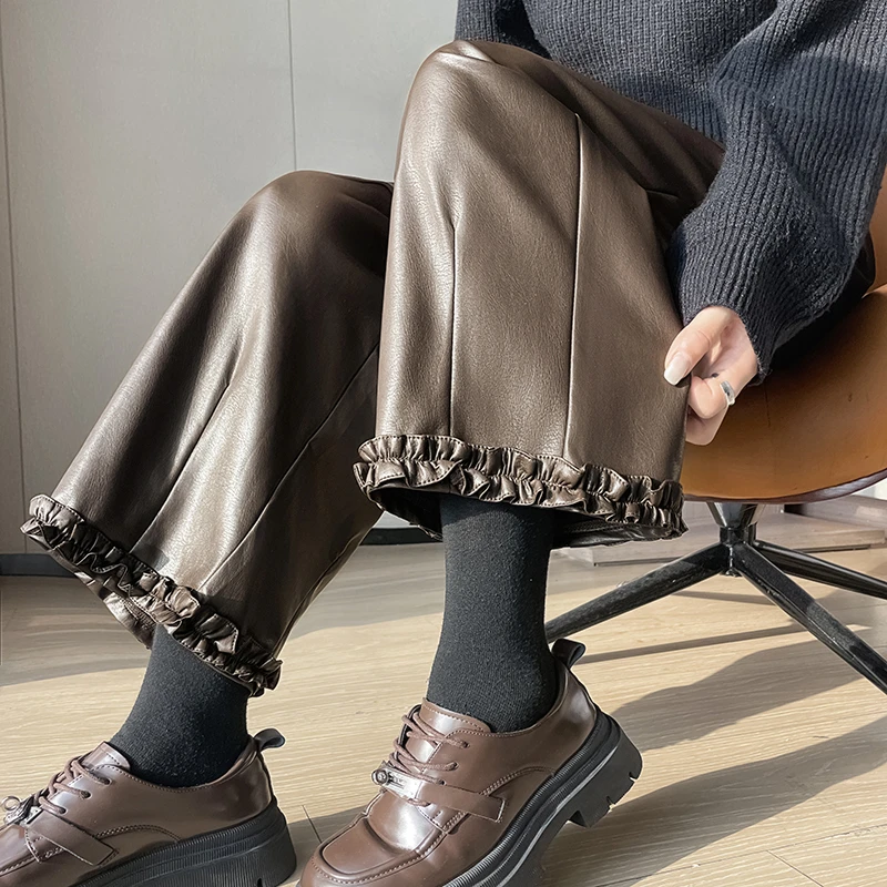 木耳花边九分皮裤女2025秋冬季潮酷皮阔腿裤直筒休闲裤女L3568A