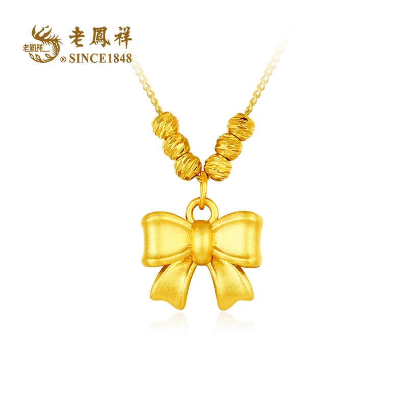 老鳯祥 坠链均925银 甜美蝴蝶结吊坠在逃公主项链 C03907