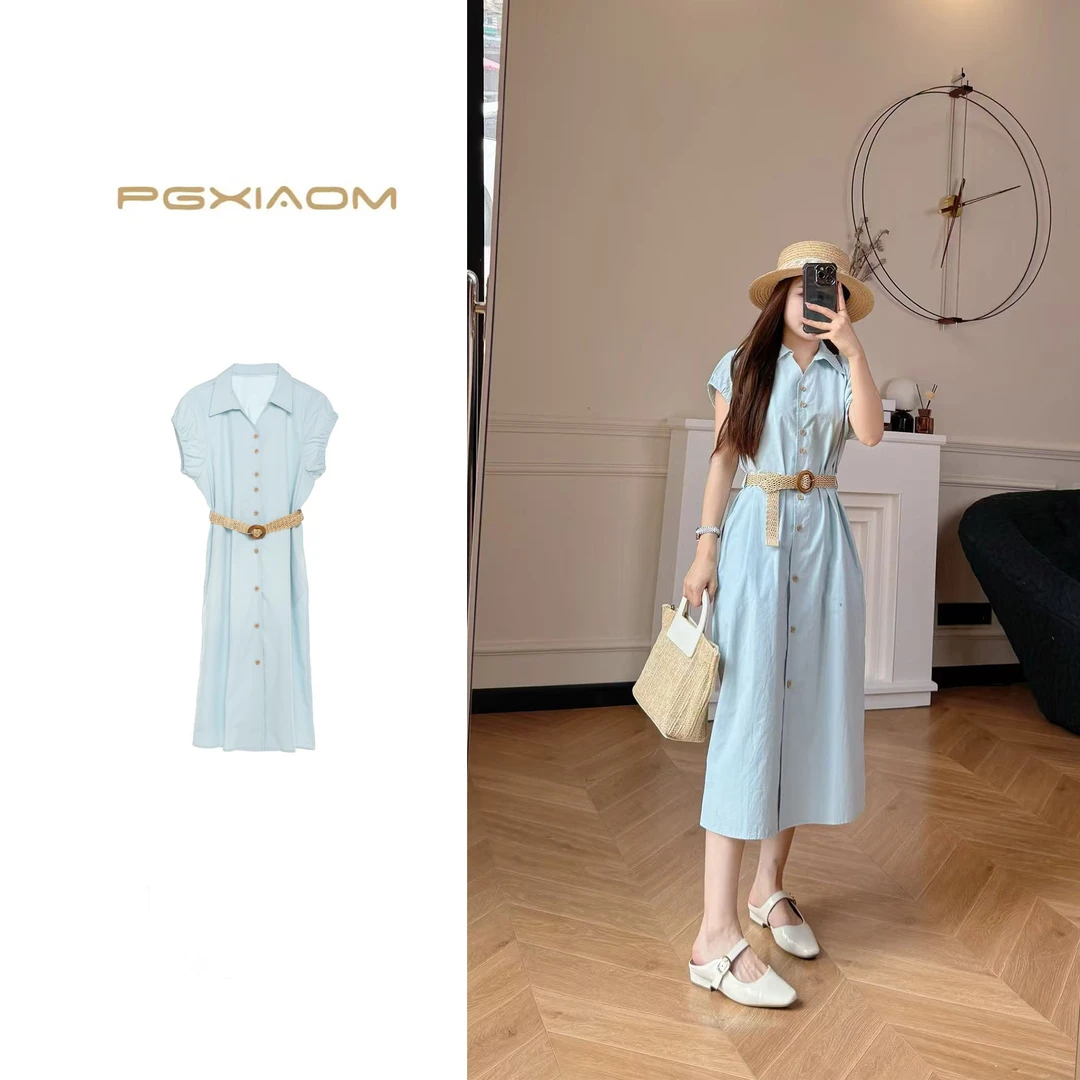 【PGXIAOM】润秀定制湖蓝色休闲衬衣裙QZ4116