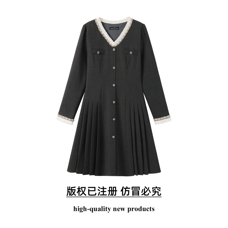 【SZ】大码女装2025秋季胖妹妹时尚减龄珍珠花边装饰百褶设计连衣