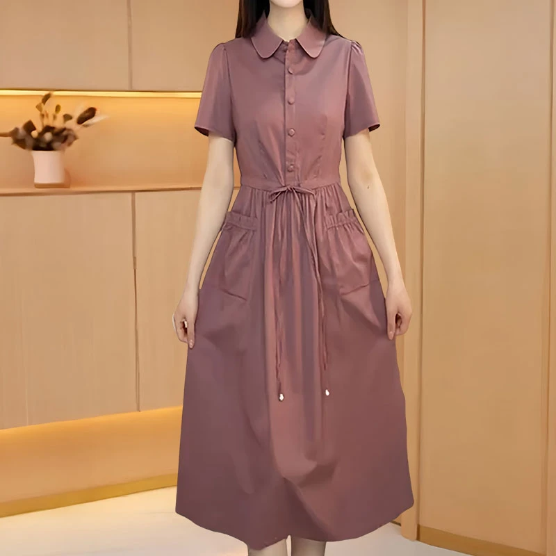 小个子纯色连衣裙女2025夏季新款妈妈装上档次女装遮肚减龄中长裙