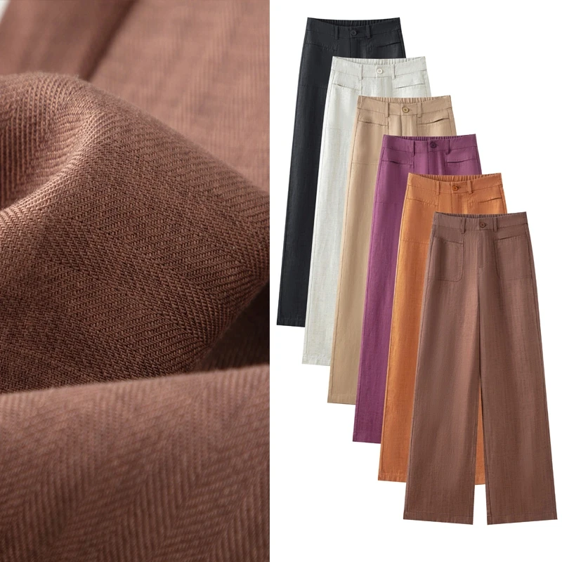 夏季莱赛尔+亚麻窄版直筒休闲女裤高腰显瘦-6607