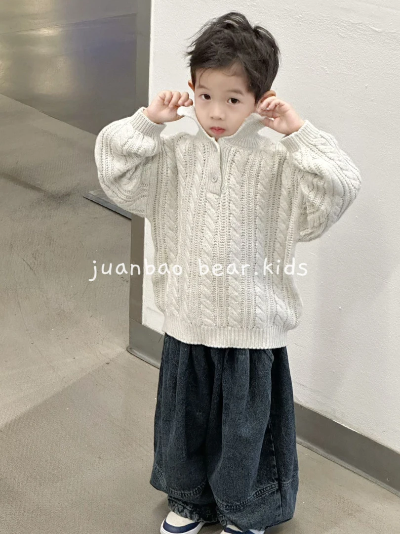 【现货】韩版学院风儿童毛衣长袖翻领针织衫薄款纯色女童男童灰
