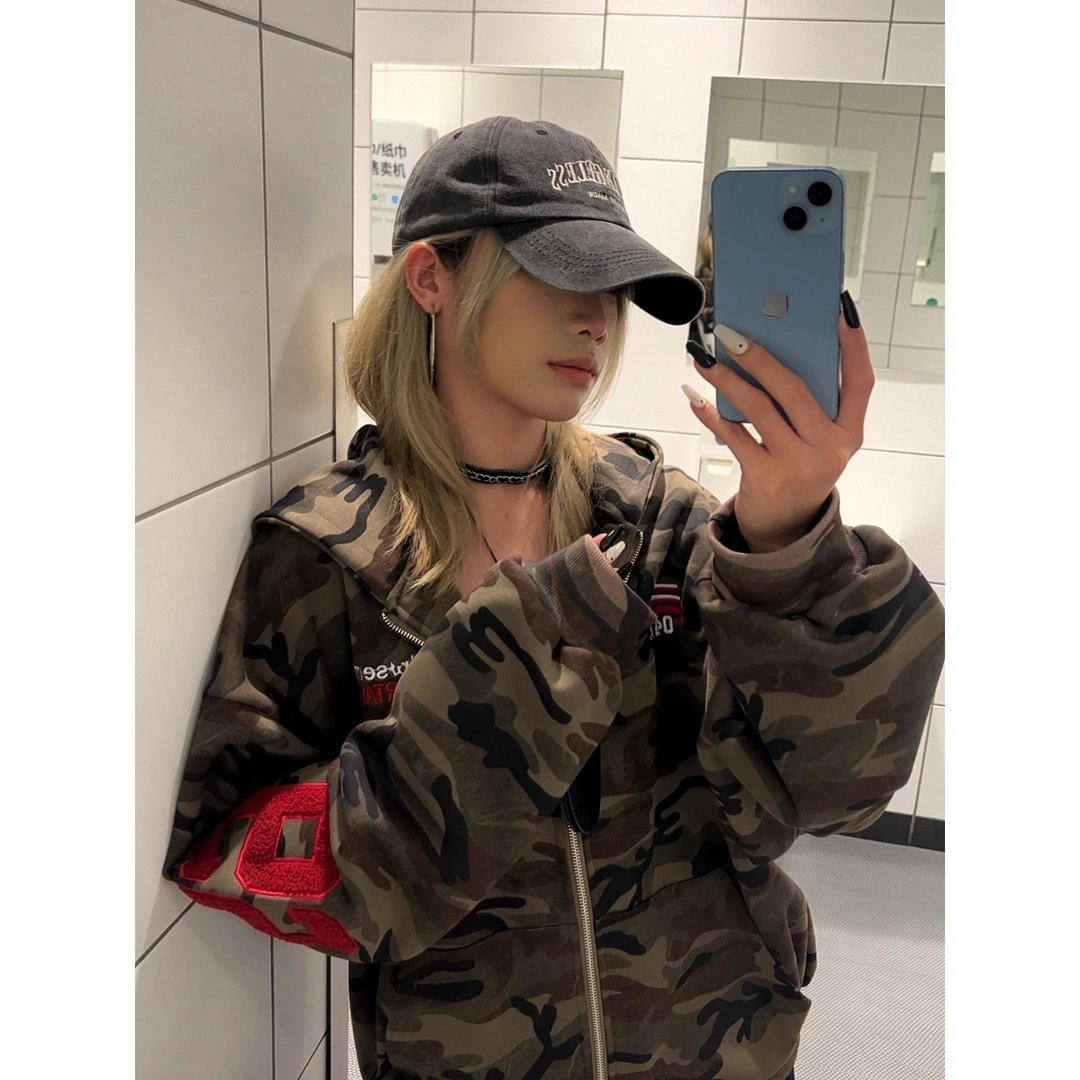 迷彩工装风夹克外套男女街头痞帅宽松翻领开衫连帽卫衣辣妹上衣潮