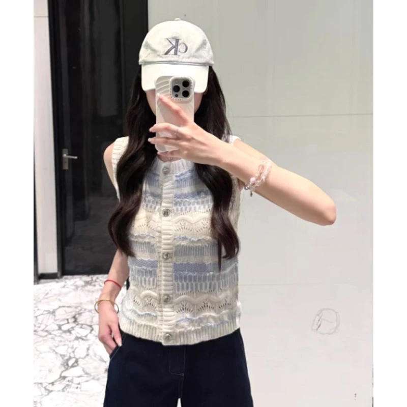 法式小香风镂空冰丝亚麻针织背心女夏外穿设计感小众修身无袖上衣