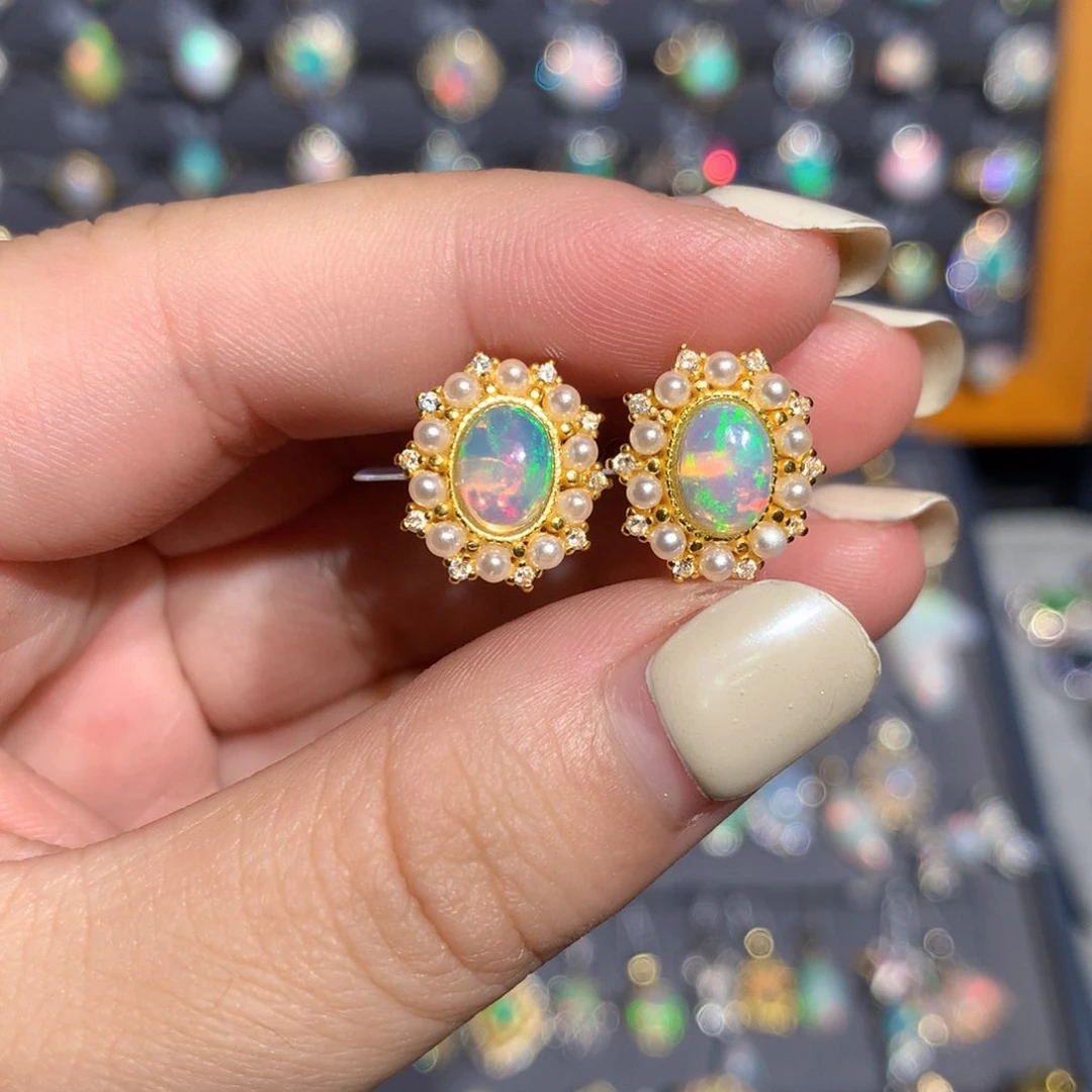 银S925镶嵌欧泊欧泊耳饰l