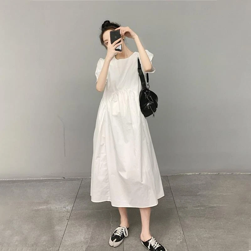 泡泡袖简约白色连衣裙女夏季法式微胖梨型身材宽松超仙气质长裙子