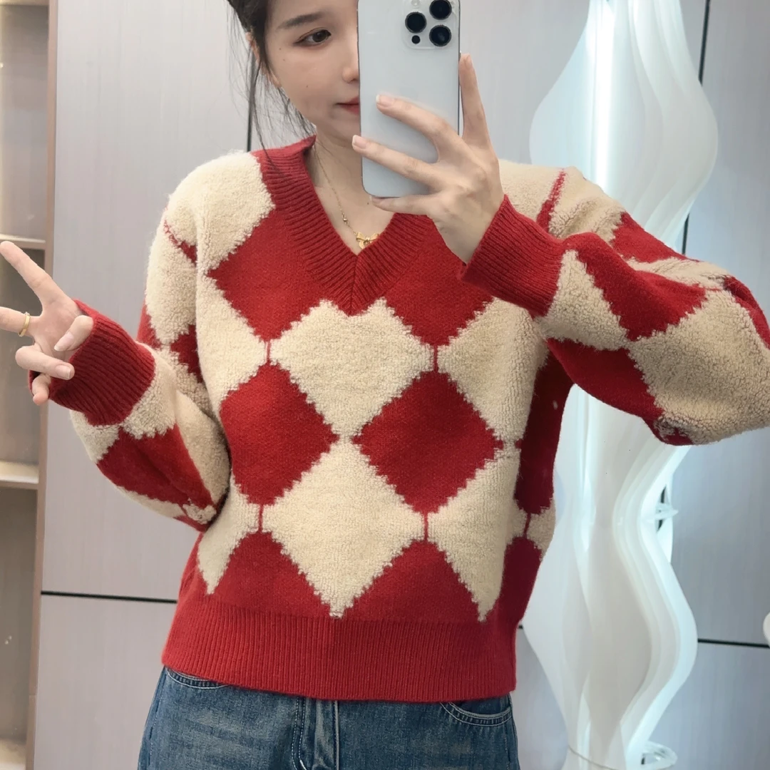 6777复古V领网红衫春秋毛衣显瘦时尚气质减龄慵懒秋冬上衣