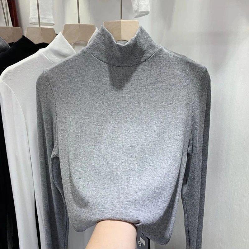 Y977欧货柔软基础款打底衫女新款高领螺纹弹力长袖T恤纯色内搭潮