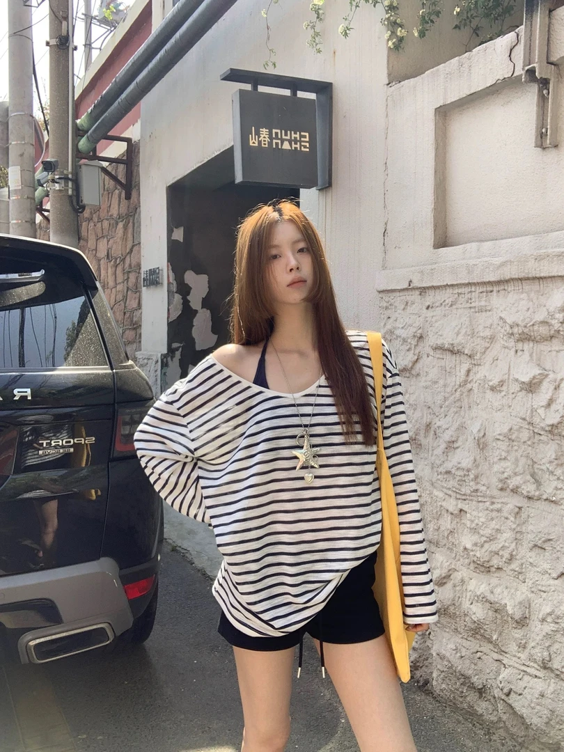 复古蓝白条纹宽松防晒针织T恤女夏新款长袖上衣