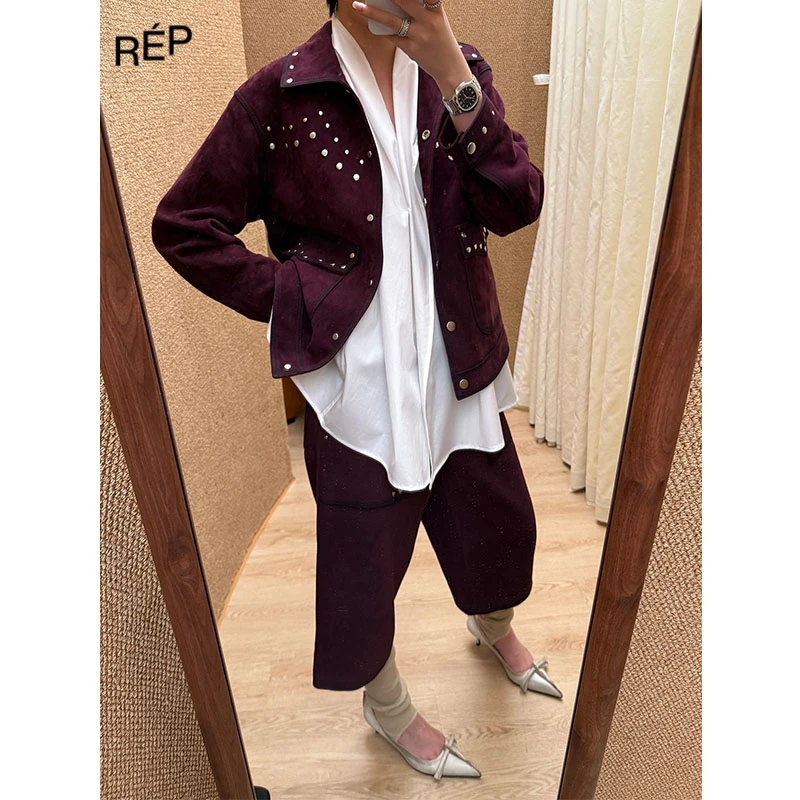 REP-JUNWEILIN设计师品牌藏青/酒红羊皮铆钉复古夹克 25FW新款