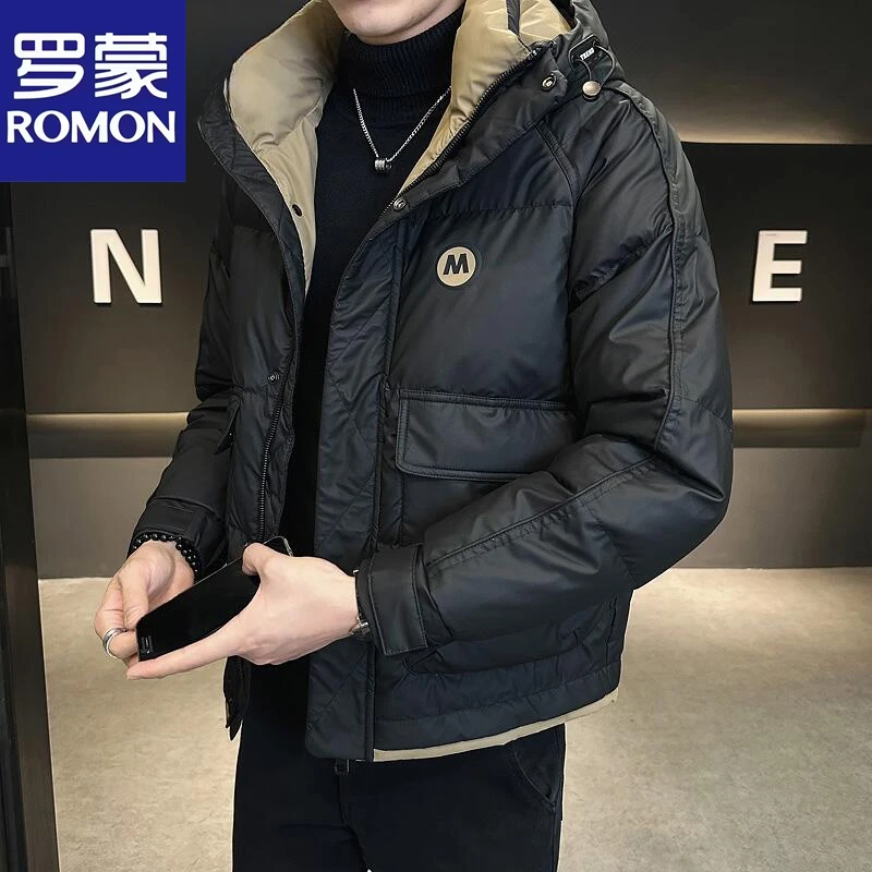 罗蒙冬季新品男士立领加厚保暖简约百搭时尚男装 休闲连帽款袄
