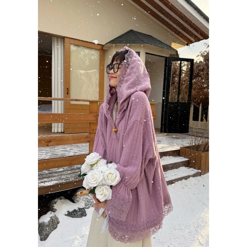 MoNvKiKiPlus8「告白气球」大码微胖毛衣双层加大帽蕾丝上衣#1906