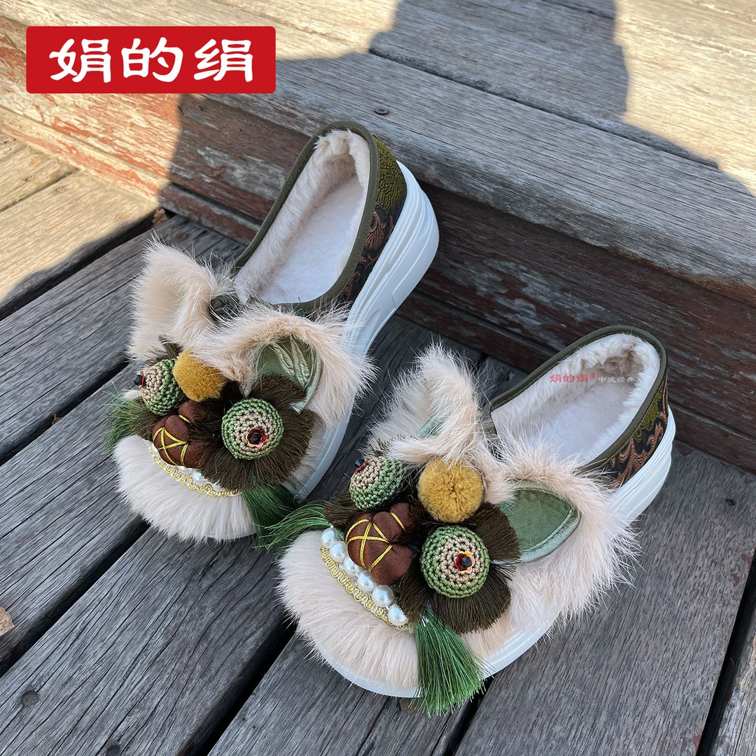 厚底加绒保暖毛毛鞋成人手工虎头鞋民族风时尚绿野仙踪虎头棉鞋女