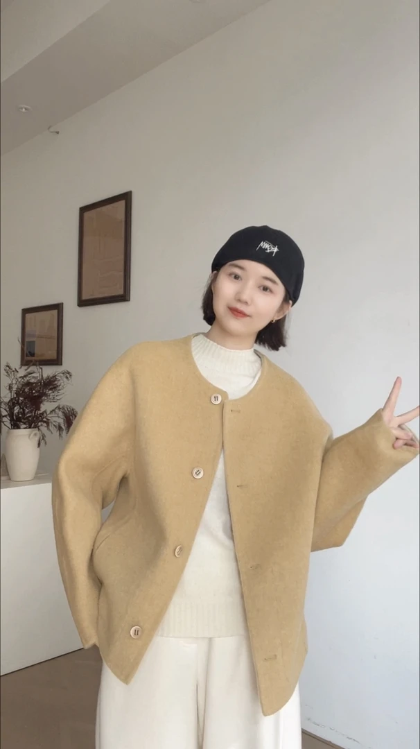 短款韩版纯色简约100羊毛大衣女冬宽松显瘦加厚保暖小个子