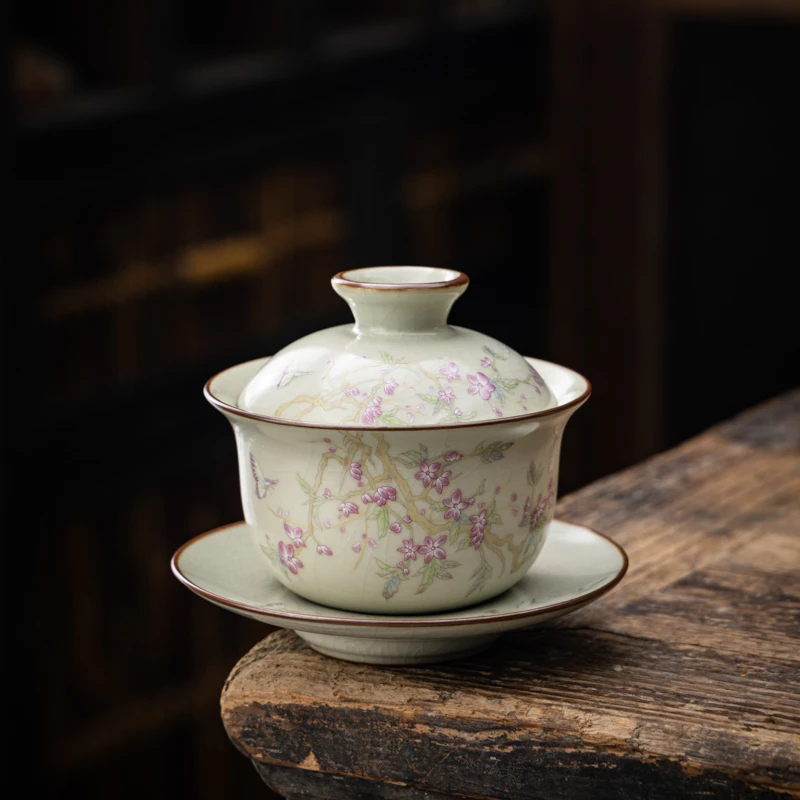 中式汝窑三才盖碗茶杯陶瓷茶碗高档家用功夫茶具复古茶具茶盖碗