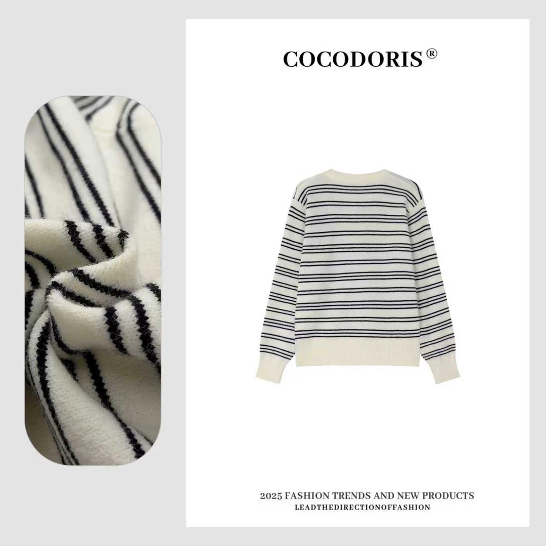 COCO DORIS 2025新款休闲风撞色条纹针织衫秋季通勤百搭上衣3201