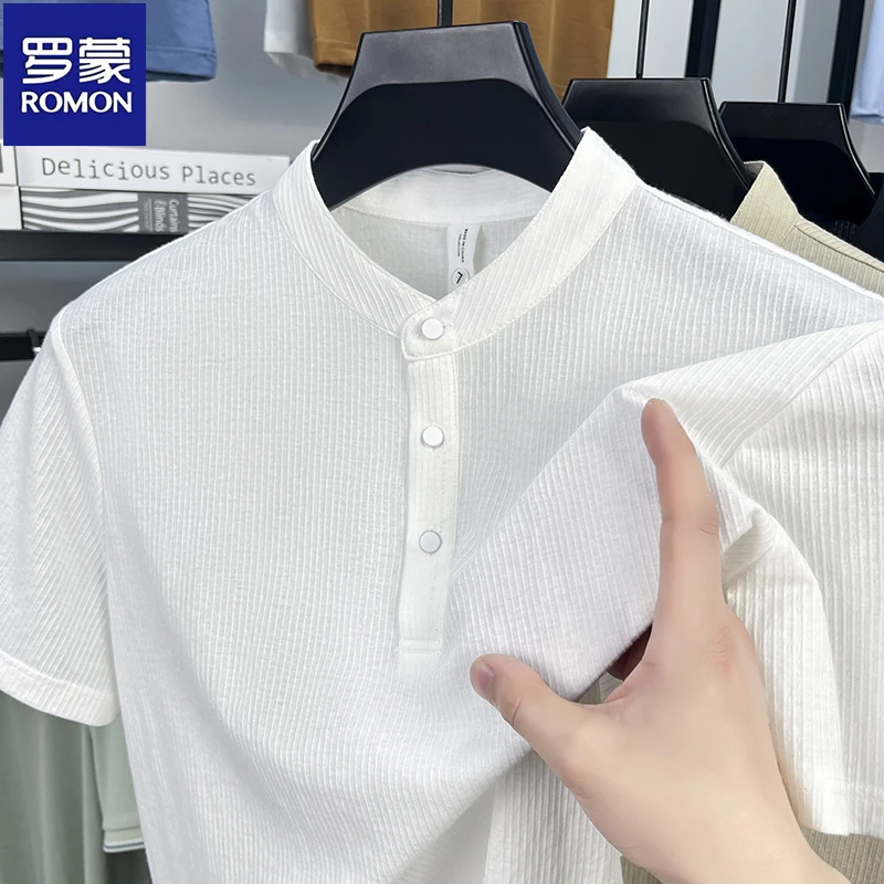 罗蒙夏季纯色简约冰丝短袖T恤男时尚休闲男士棉质透气半袖上衣