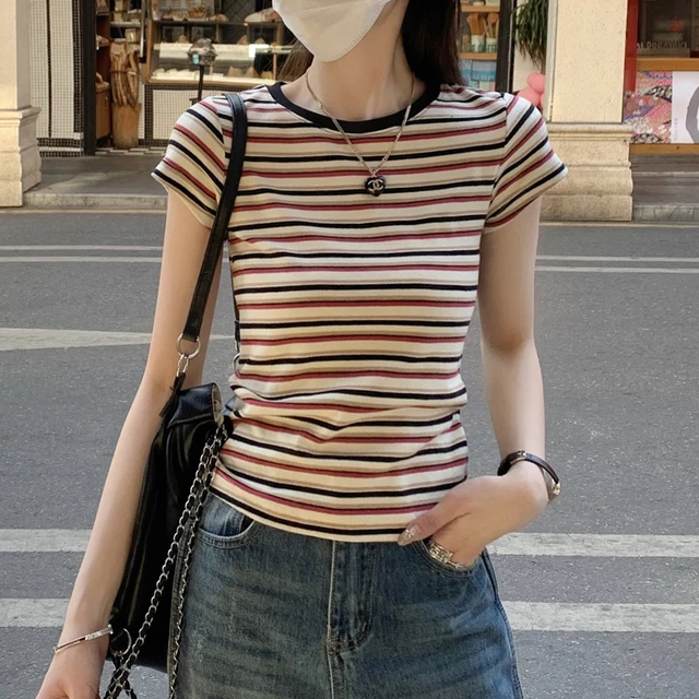季渺法式复古百搭短袖T恤女夏季韩版圆领撞色条纹高级感短款上衣