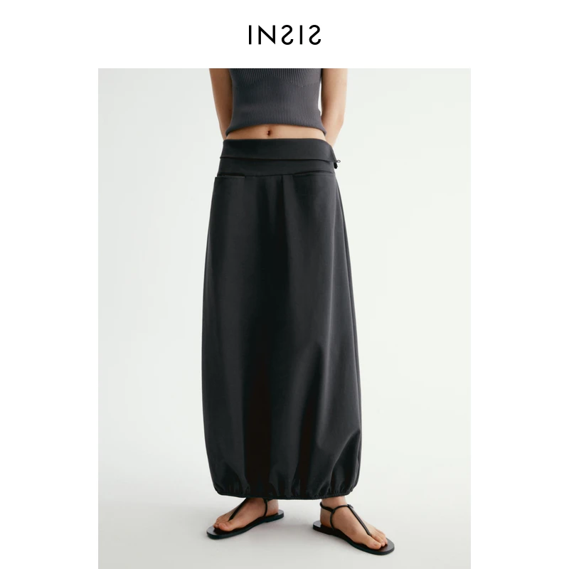 INSISFEMME翻折宽腰头抽褶下摆蛋形裙